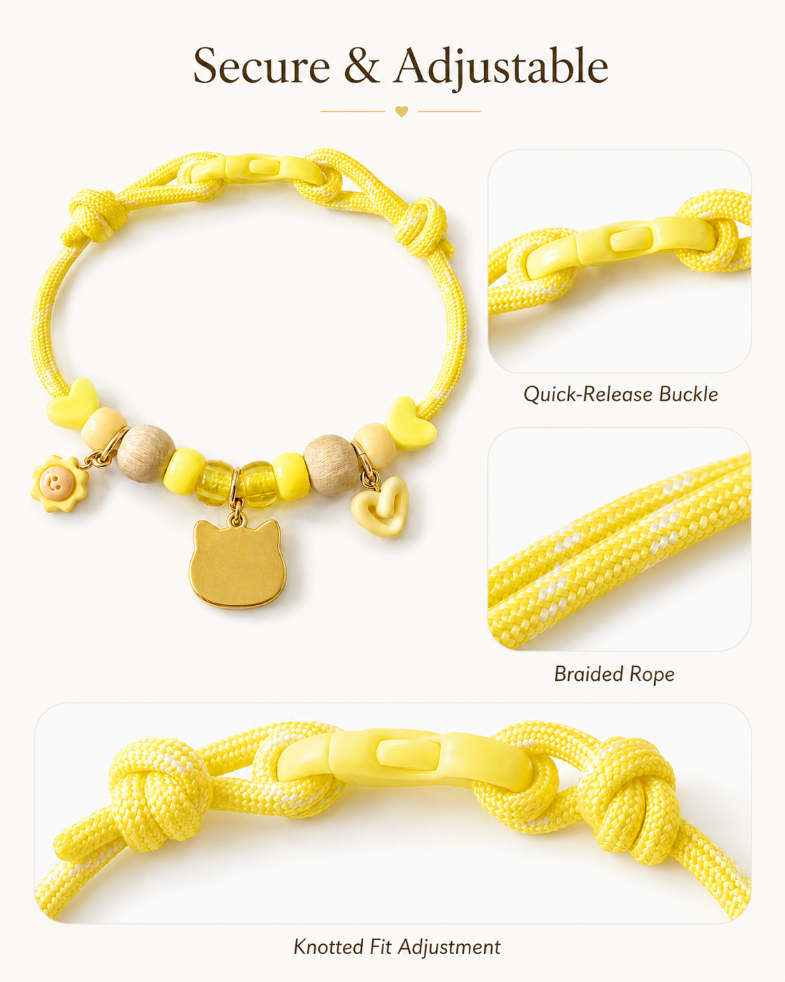 Adjustable buckle and braided rope details